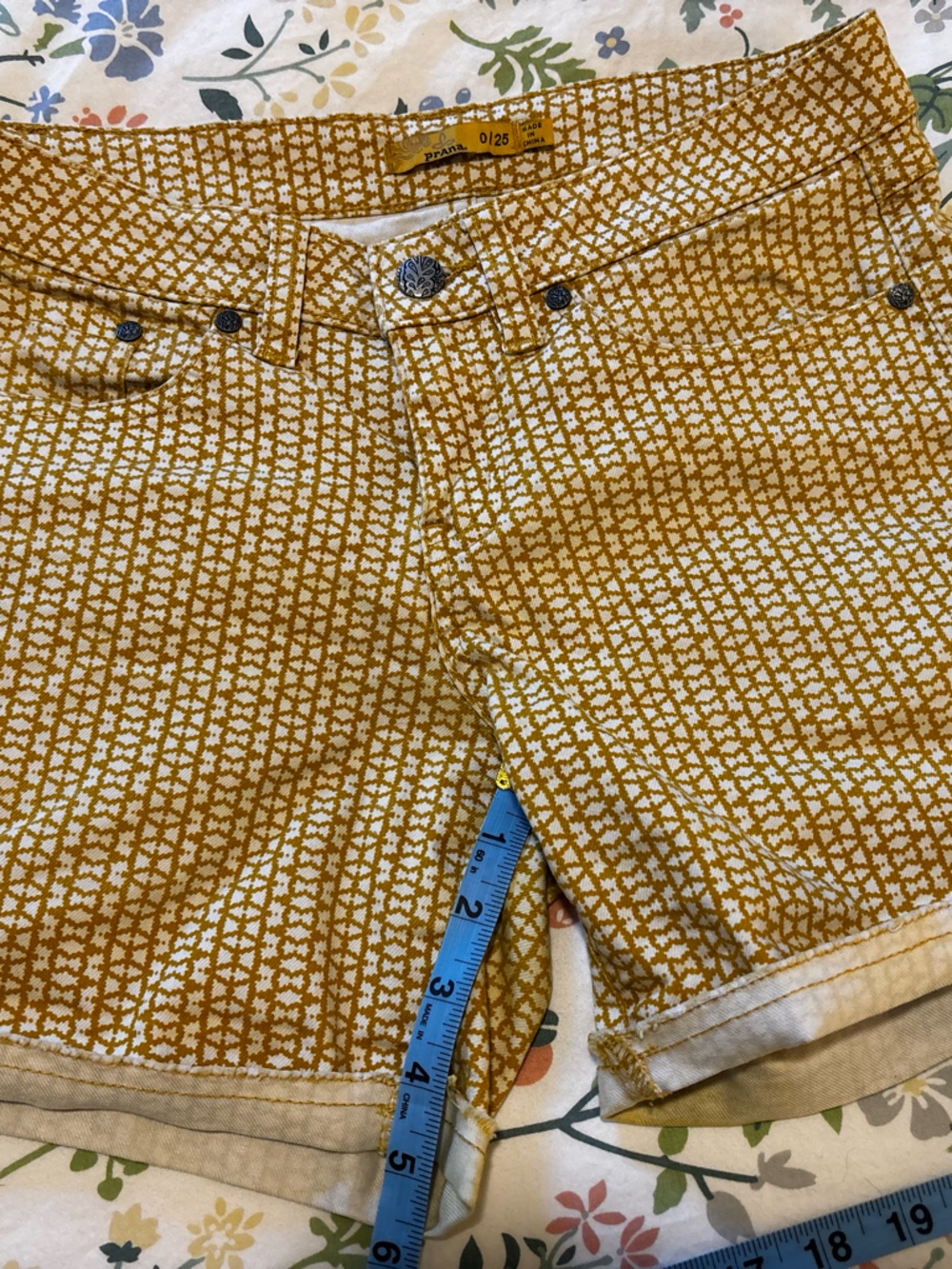 Prana Mustard Yellow Patterned Denim Shorts